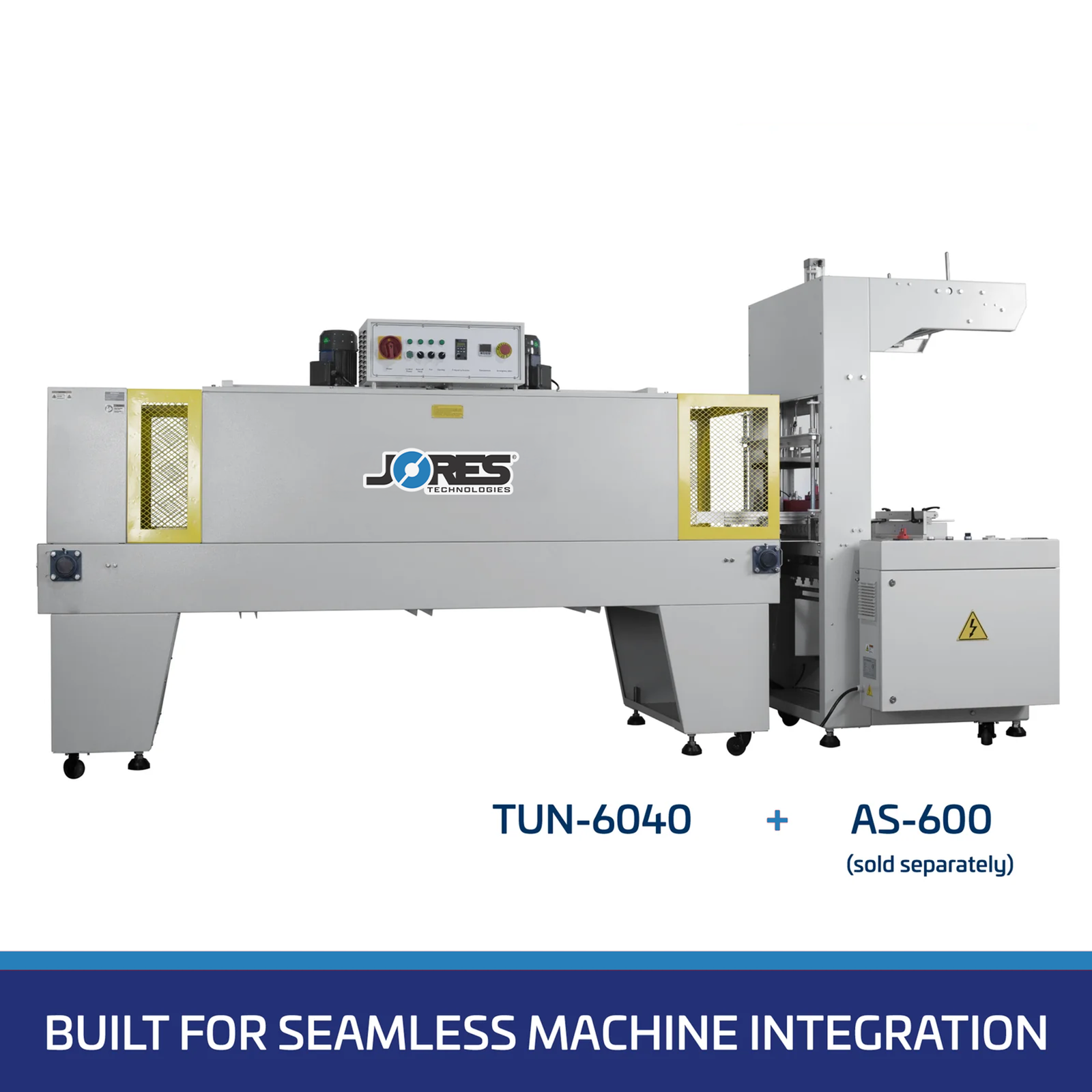 A complete shrink system. It is comprised of the JORES TECHNOLOGIES® Heat Shrink Tunnel TUN-6040 plus the Jorestech Sleeve Sealer AS-600. White text over blue background that reads 