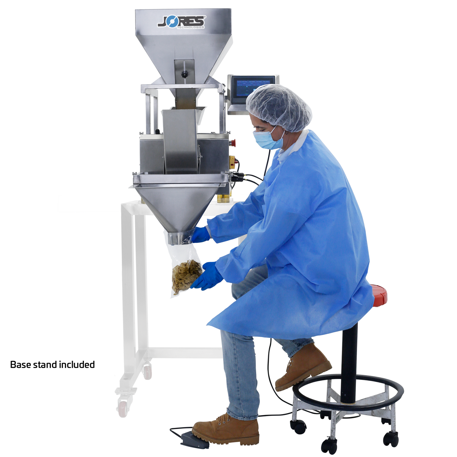 operator using the foot pedal to command the JORES TECHNOLOGIES® linear weighing machine to dispense product into a bag. The machine can be seen placed on top of a stand, specifically built for this machine, which can be optionally purchased.