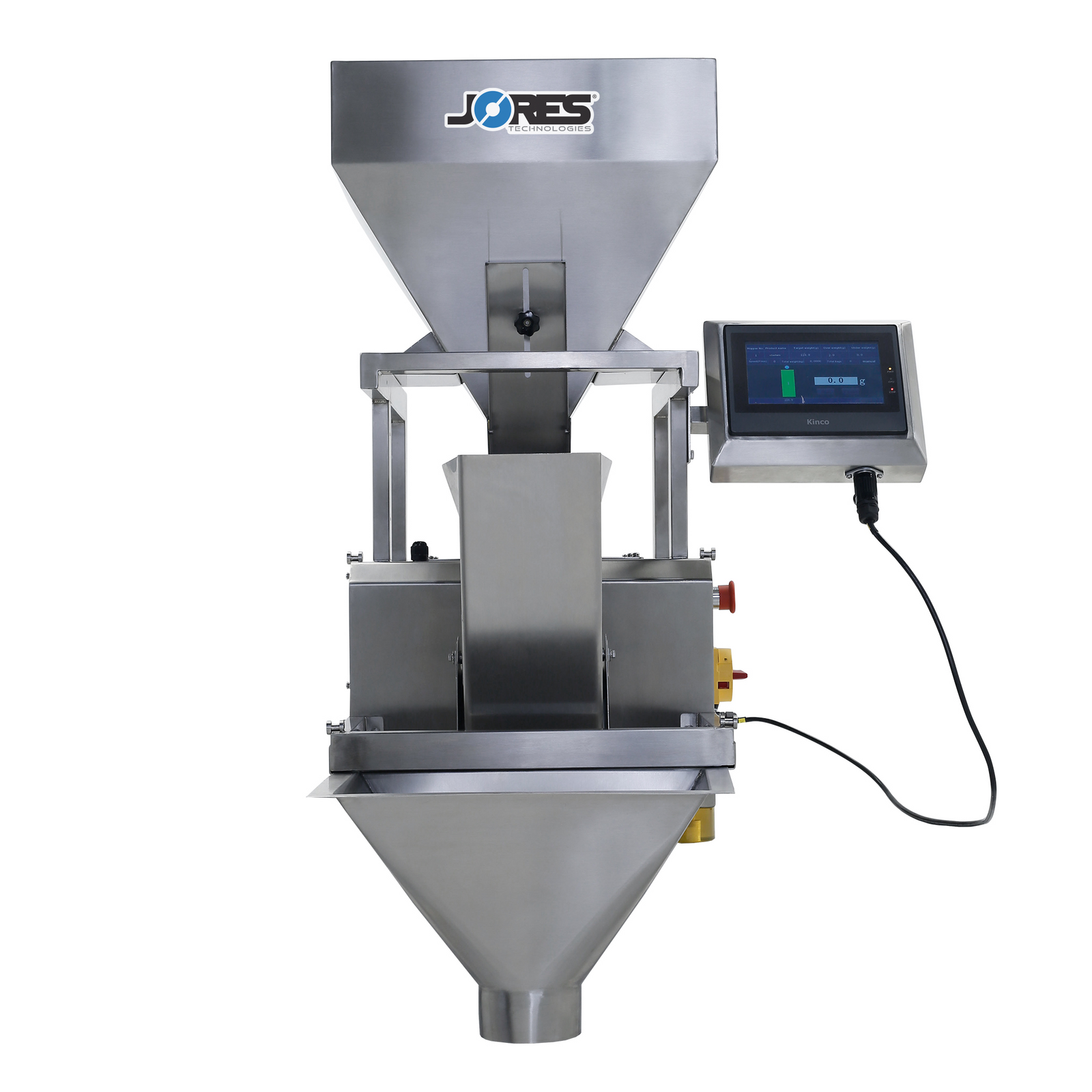 JORES TECHNOLOGIES® linear weigher with touchscreen control panel. The transparent PC protector has been removed so the inner components are more exposed