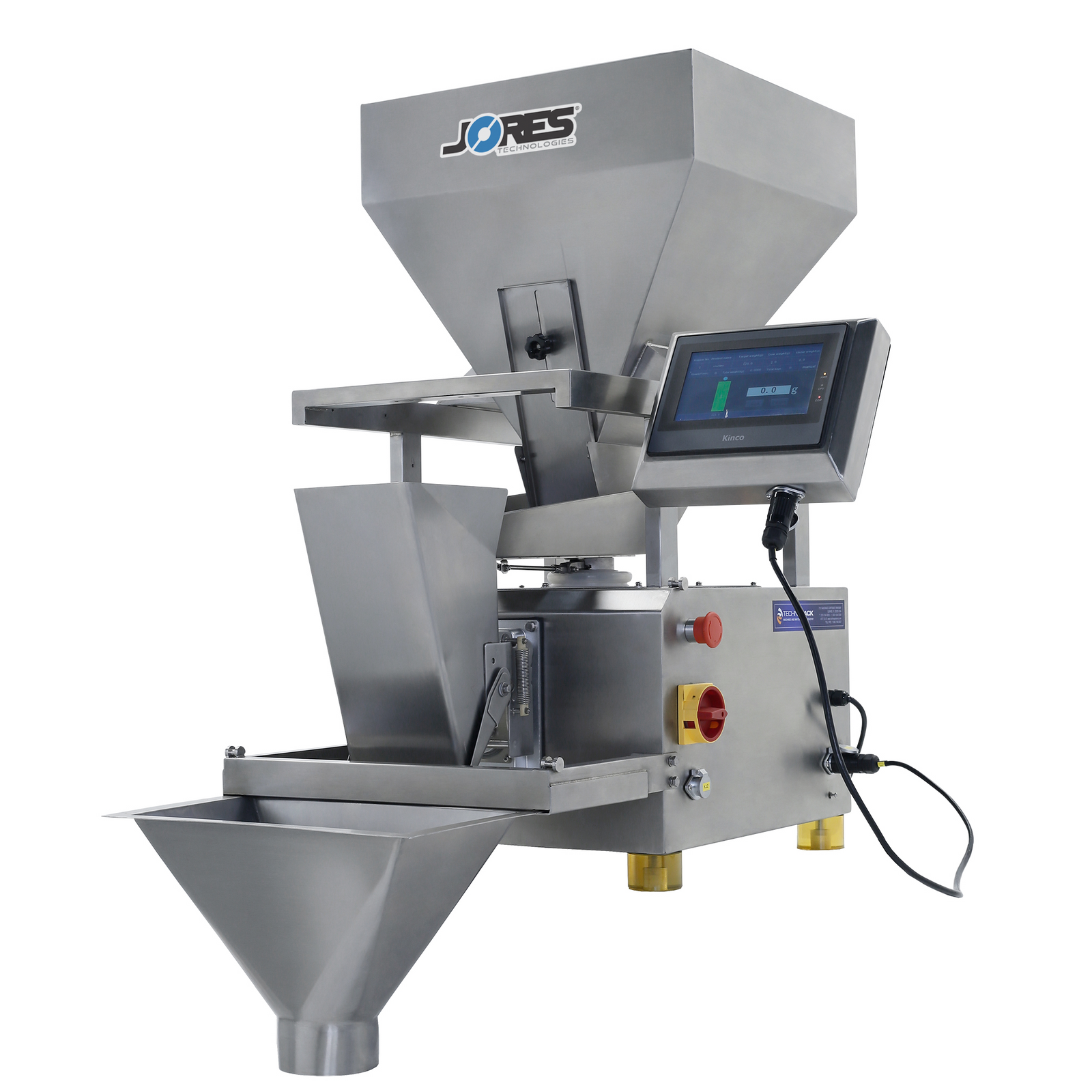 Diagonal view of a JORES TECHNOLOGIES® single head linear weigher machine. The touch screen controller is turned on.