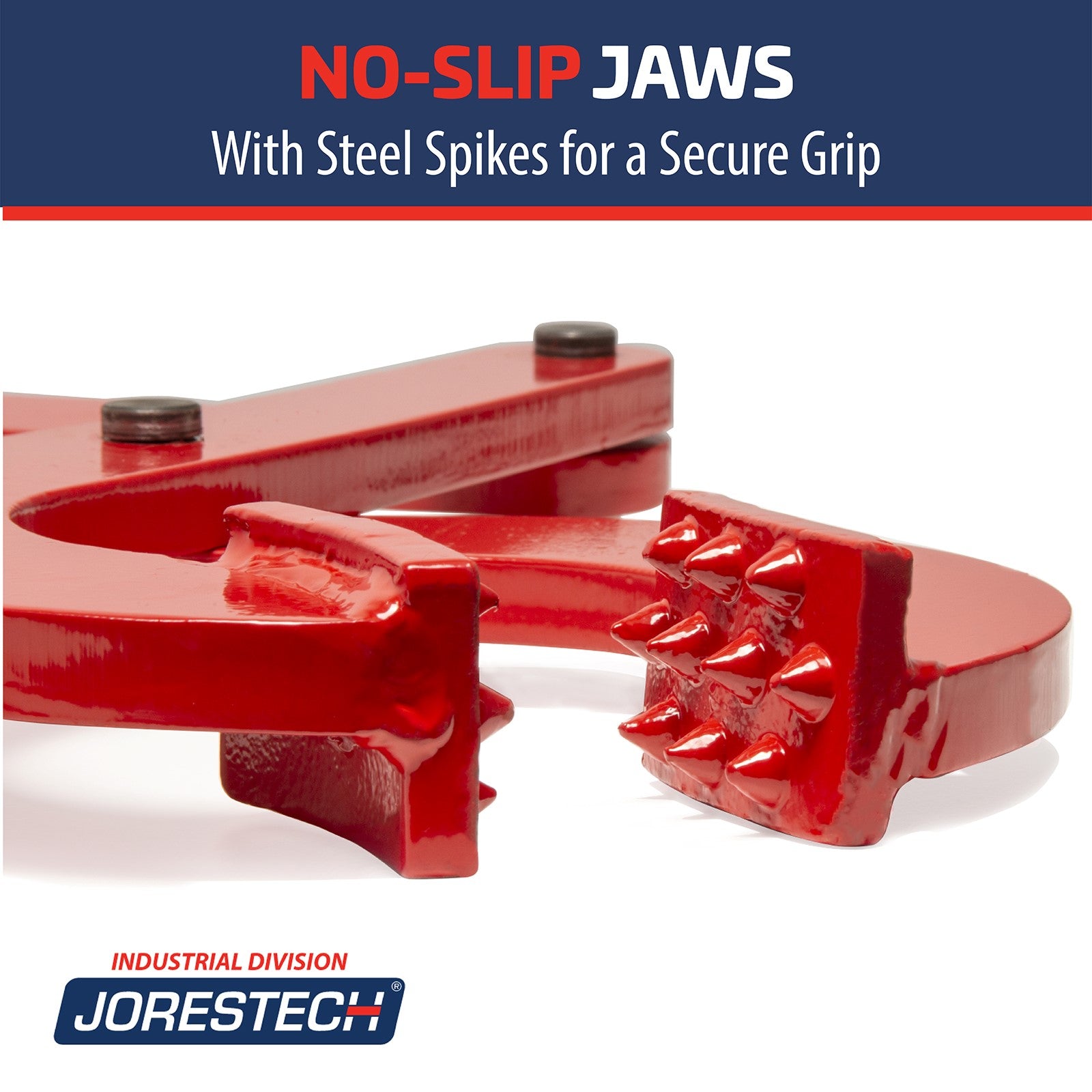Close-up showing the steel spikes of the JORES TECHNOLOGIES® red single scissor pallet puller. Top blue banner with text reads: no-slip jaws, with steel spikes for a secure grip