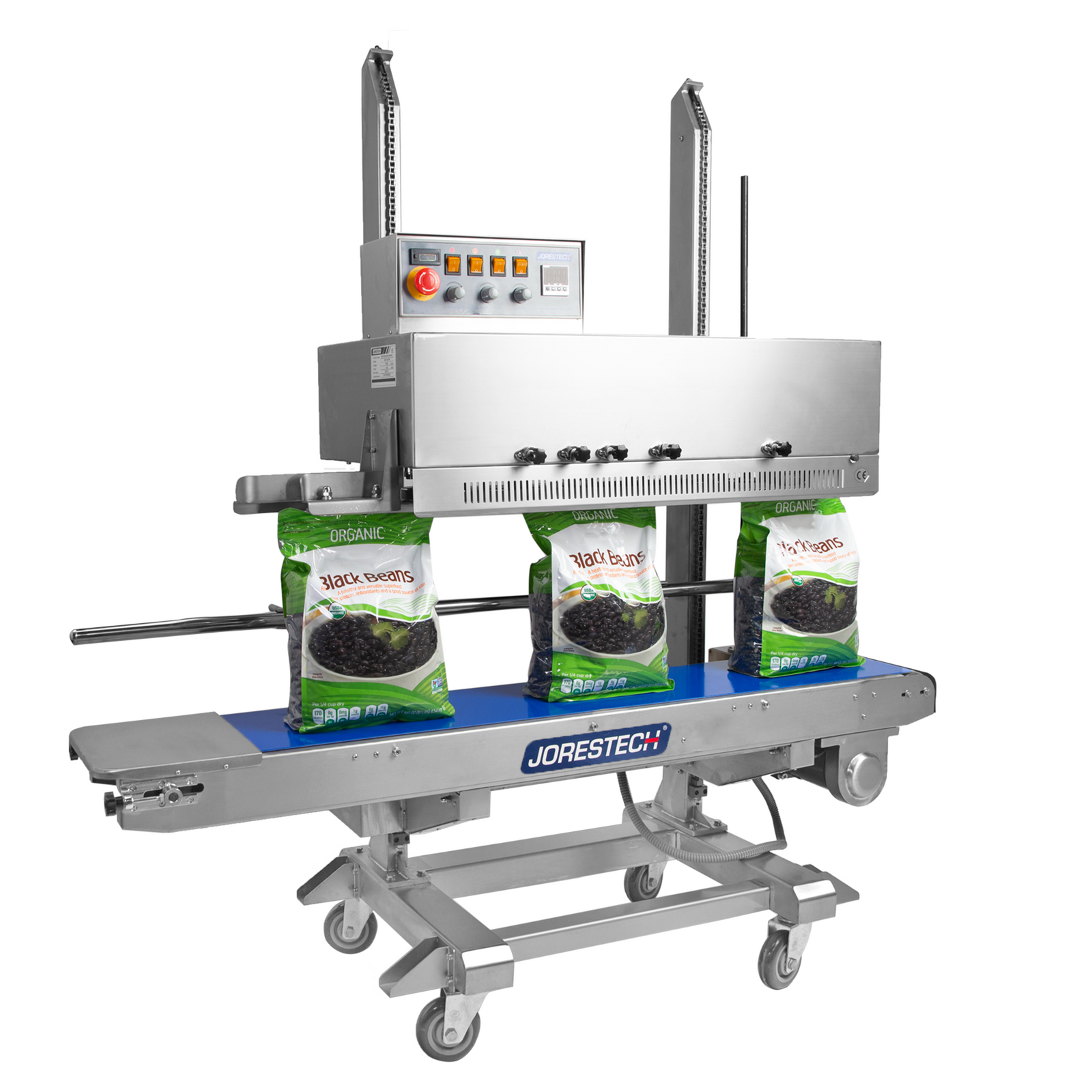 Stainless steel JORES TECHNOLOGIES® vertical left to right continuous band sealer with coder for large bags. Sealing a production of 5 lbs heat sealable bags filled with black beans