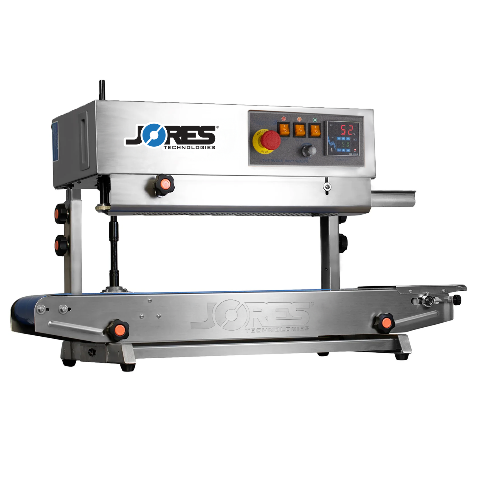 Stainless steel horizontal and vertical JORES TECHNOLOGIES® continuous band sealer with digital temperature control dial.