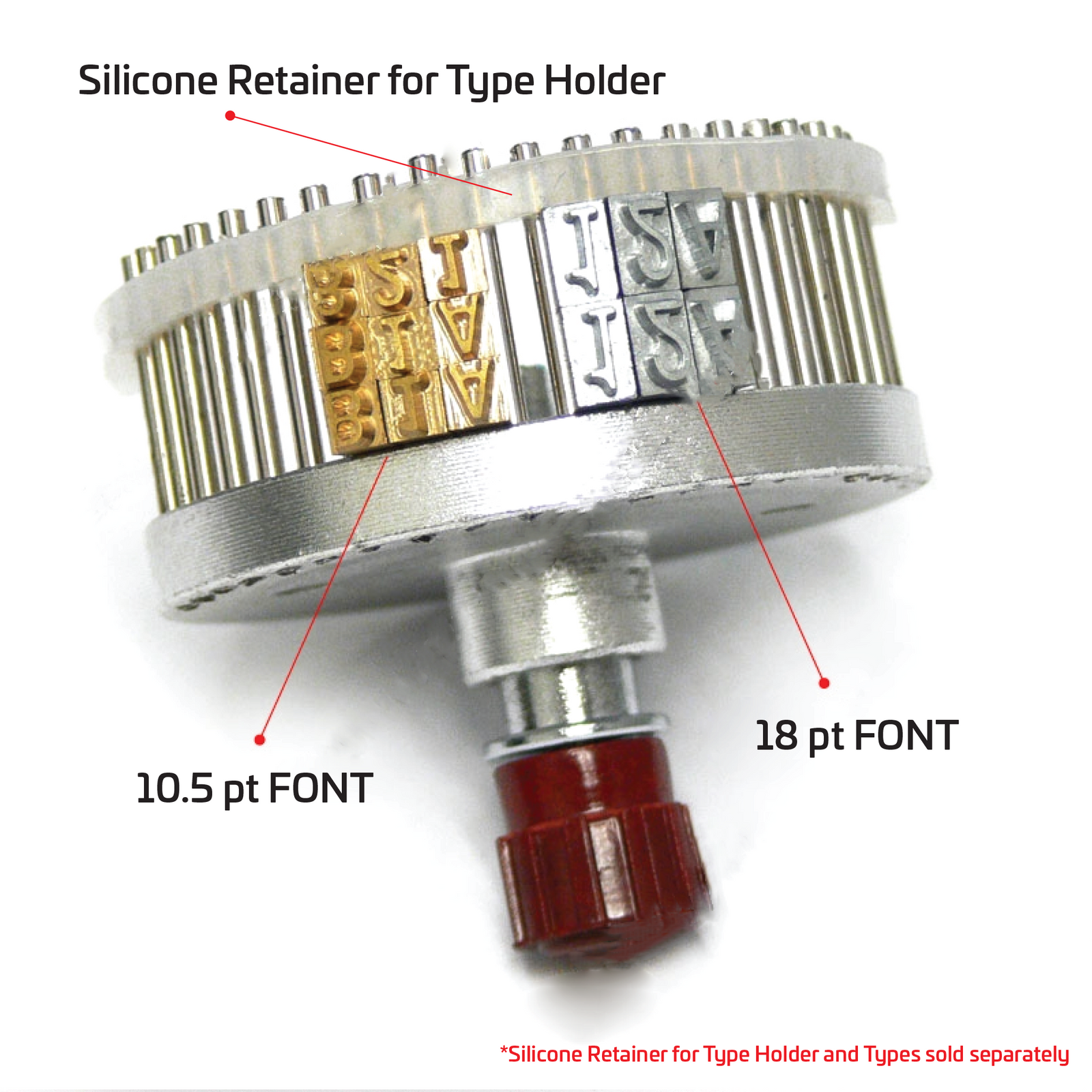 Type holder for hot ink roll printing and types compatible with continuous band sealers with coders. Text shows the size of fonts used 10.5 pt and 18 pt. It is also shows where the silicone retainer for type holder is placed. Text reads: types and retainer are sold separately