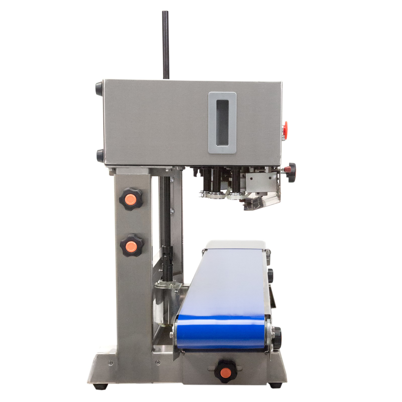JORES TECHNOLOGIES® continuous band sealer with blue revolving belt. Shows 2 knobs used to adjust the height and 1 knob to adjust the position of the band.
