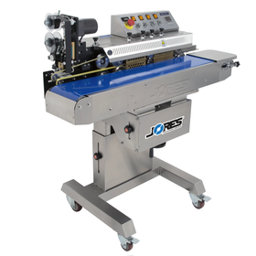 stainless steel JORES TECHNOLOGIES® continuous band sealer with hot stamp coder and a blue revolving band. This is a self standing bag sealer and it has heavy duty wheels.