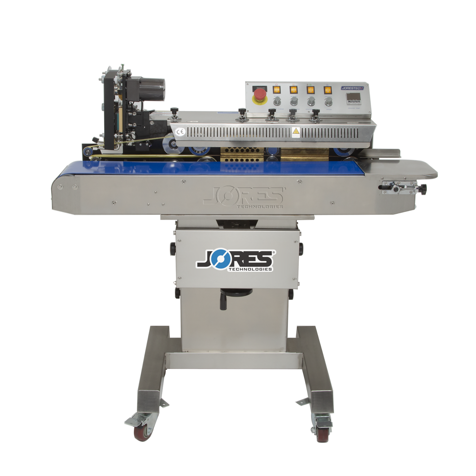 Self standing stainless steel continuous band sealer with coder by JORES TECHNOLOGIES®