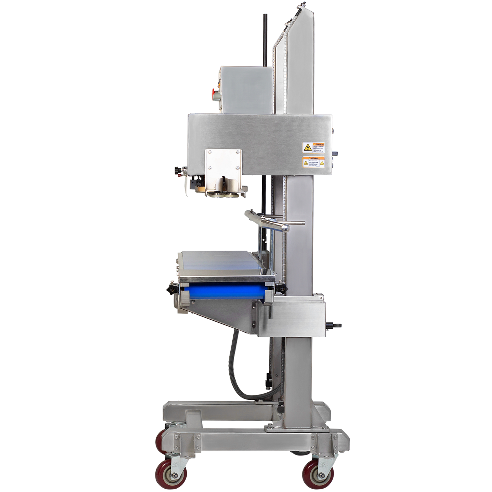  stainless steel continuous band sealer for large bags with green revolving band and heavy duty wheels by JORES TECHNOLOGIES®. Also shows the side track where the bag is introduced.