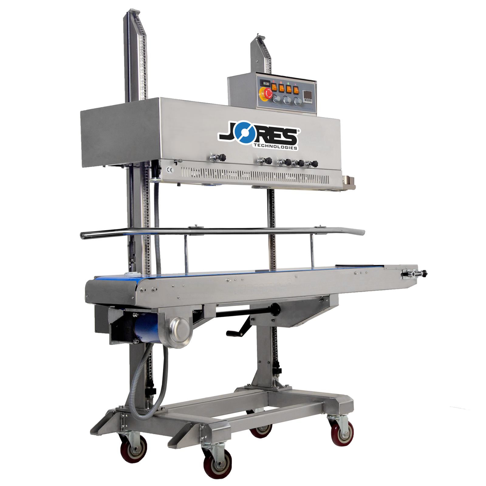 JORES TECHNOLOGIES® stainless steel vertical continuous band bag sealer with coder and wheels. Bag sealing machine for large bags.