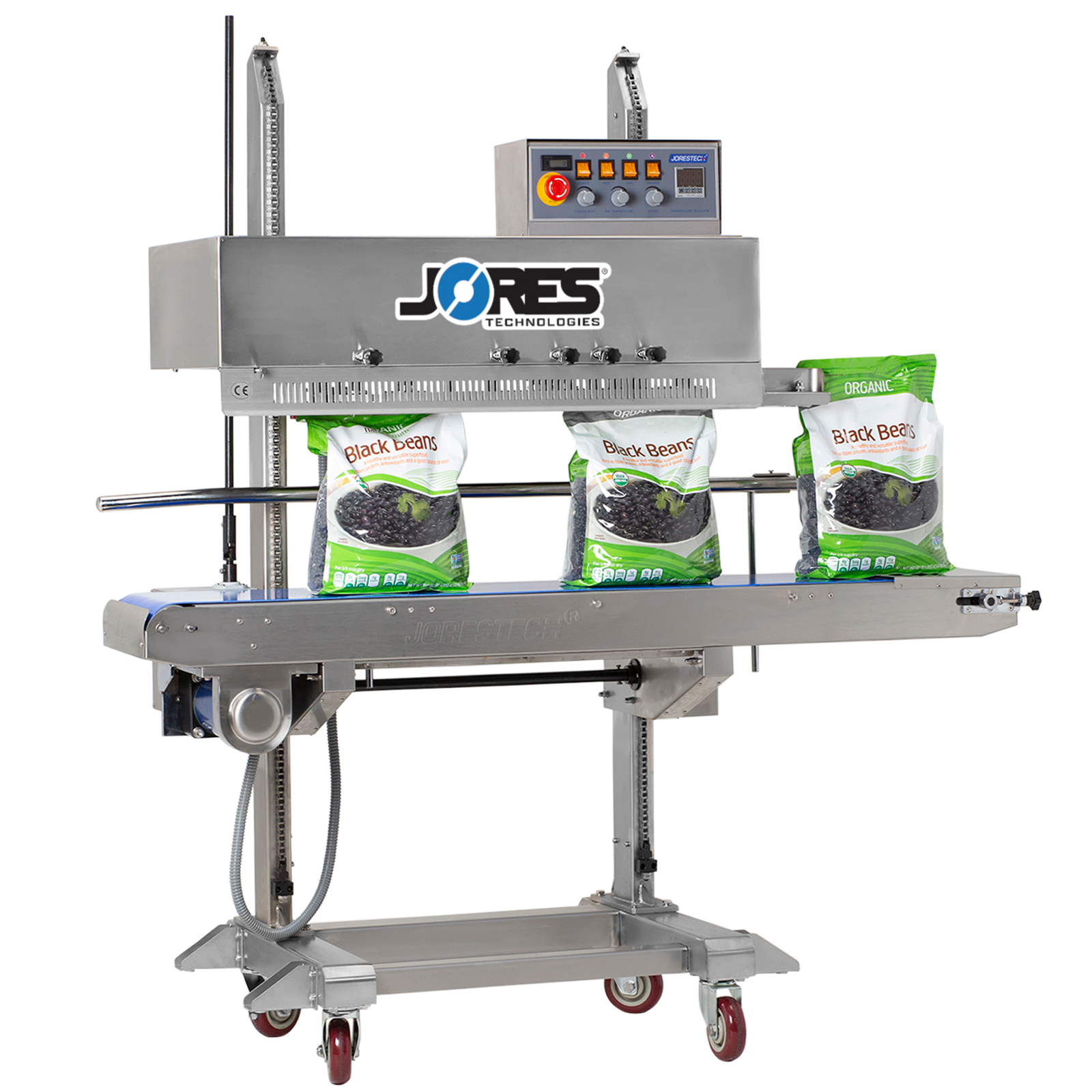 Stainless steel digital vertical continuous band sealer with coder revolving belt, emergency stop button and wheels.