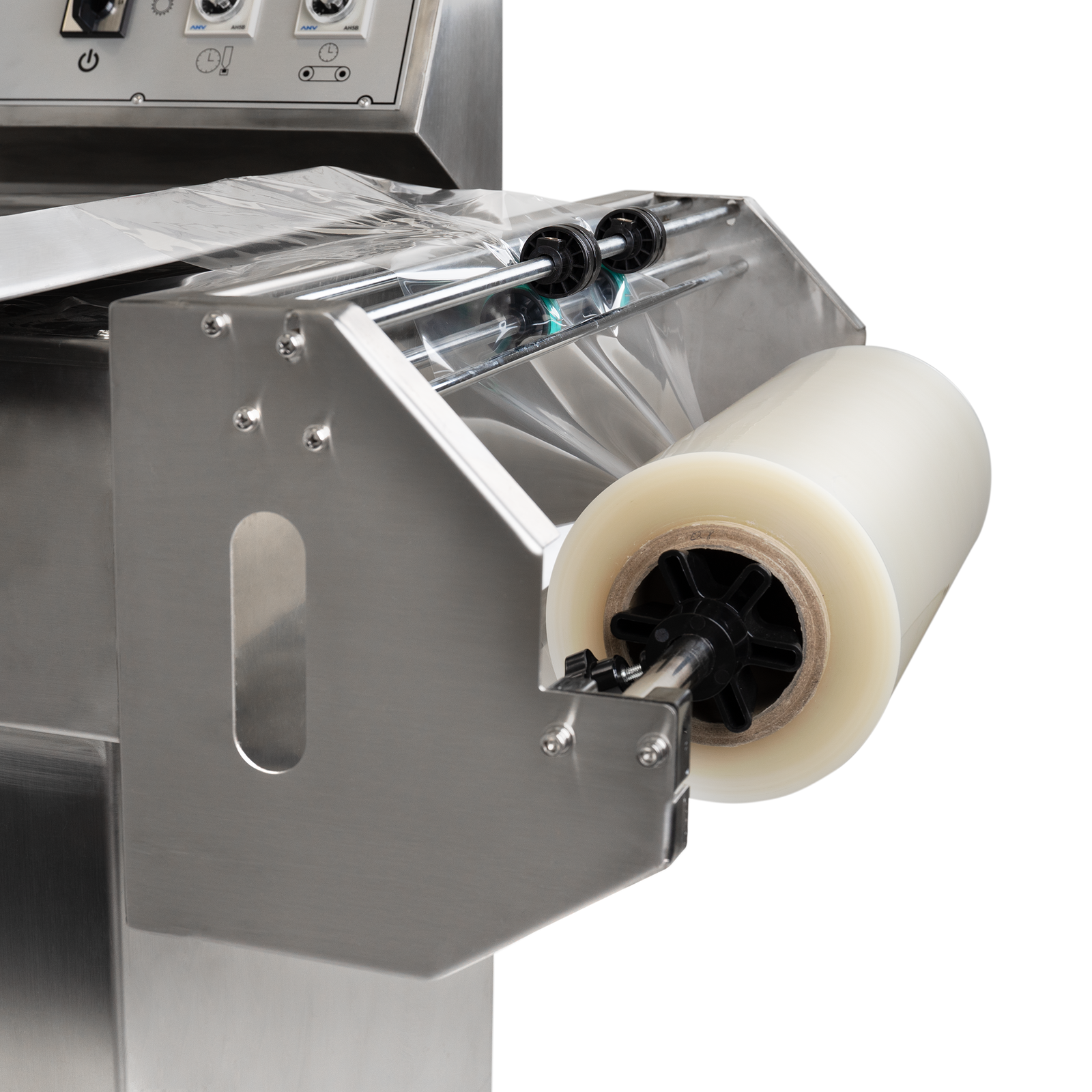 Shrink film roll place on the JORES TECHNOLOGIES® stainless steel semi-automatic L bar heat sealer with conveyor 