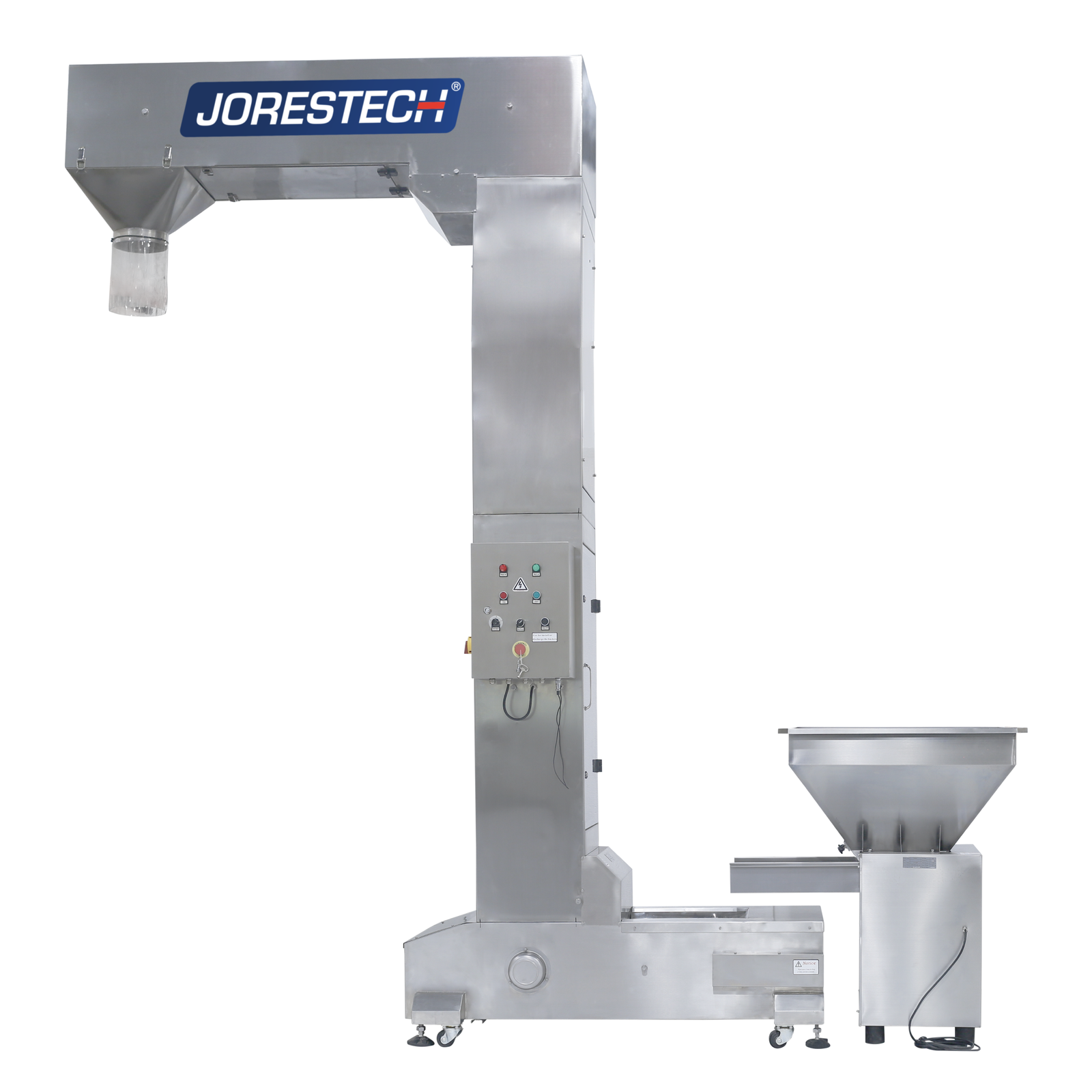 The Jorestech Stainless Steel Motorized Bucket Elevator in a side view over white background