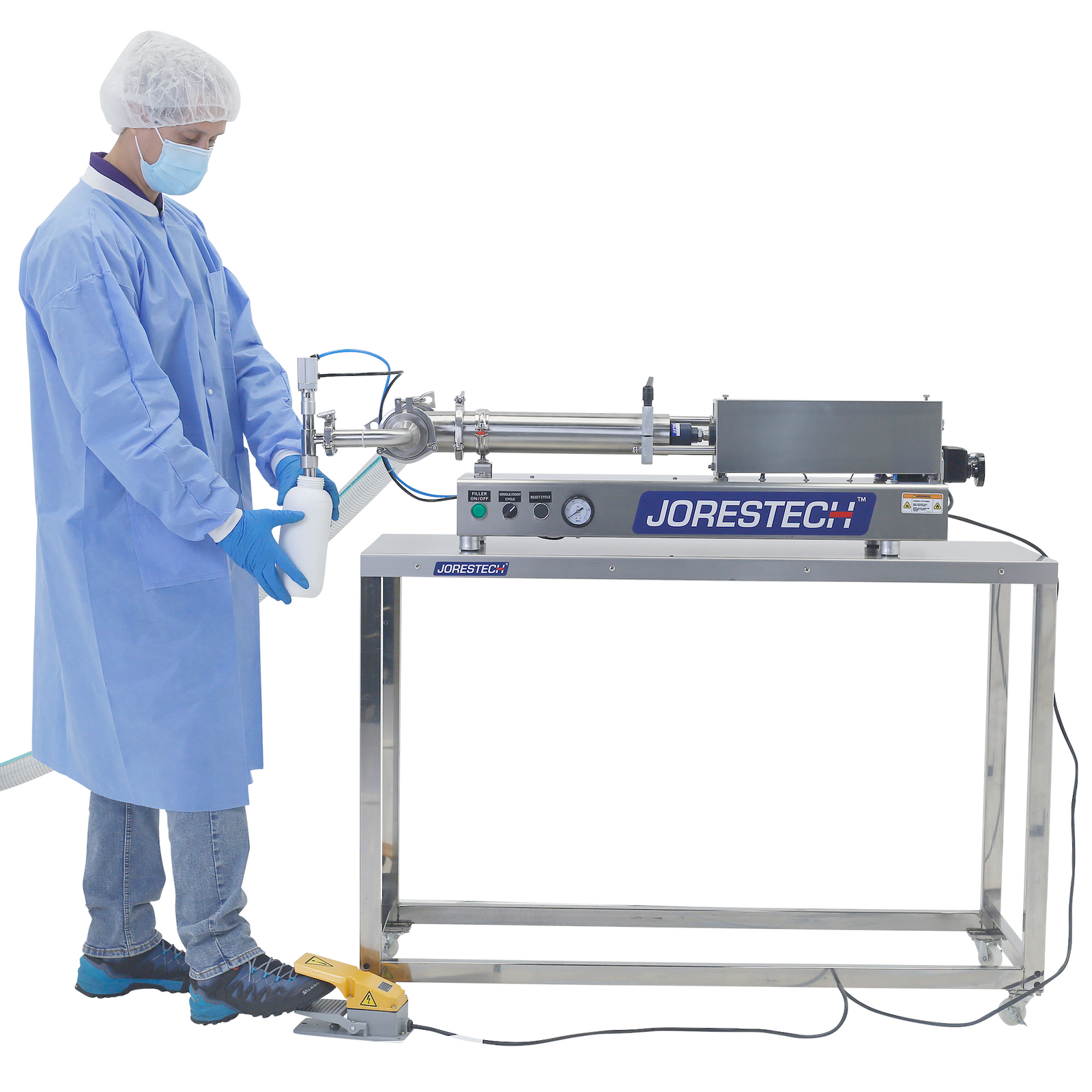 A worker wearing disposable PPE clothes and gloves using a piston filling machine which is positioned on top of a Stainless steel prep work table