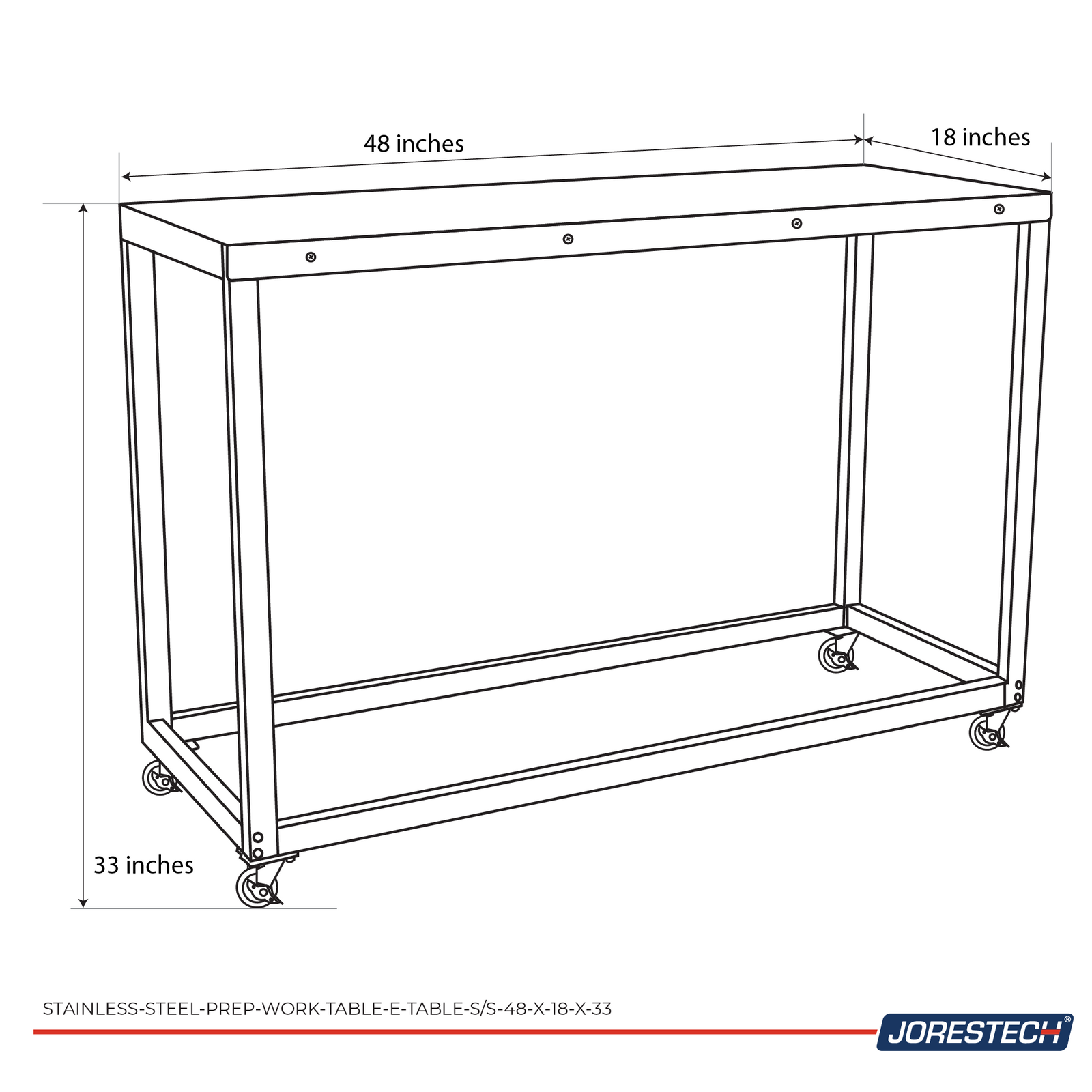 Infographic describing the measurements os the stainless steel table which are 48x18x33