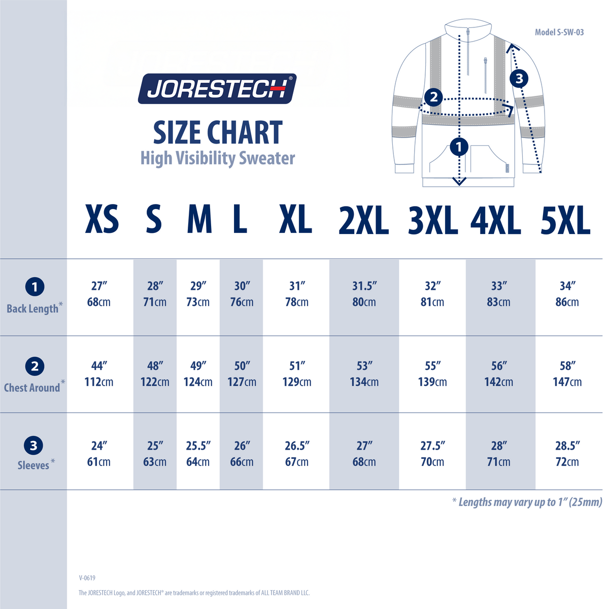 Size chart ANSI safety sweater with reflective stripes and half zipper