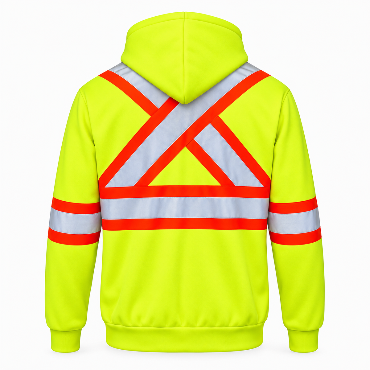 Back view of a Jorestech high-visibility lime-yellow safety hoodie, highlighting the attached hood and silver-and-orange X-back reflective stripe design for industrial safety compliance.