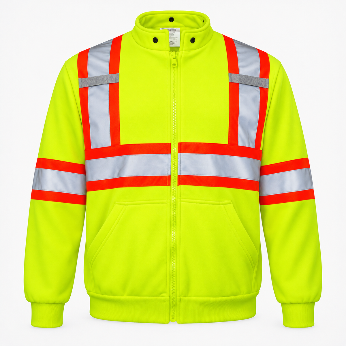 Jorestech high-visibility neon yellow safety jacket without hood, featuring orange-bordered silver reflective tape, a mock neck closure, and a full-zip fleece design.