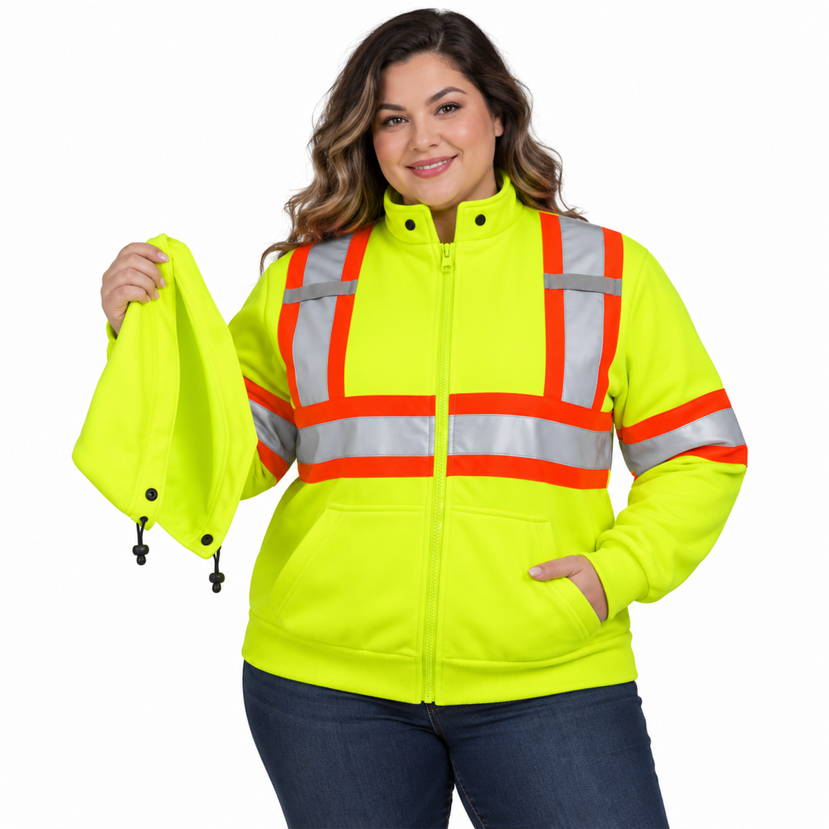 Jorestech high-visibility lime-yellow safety jacket for women, demonstrating the removable detachable hood feature on a full-zip fleece work pullover.