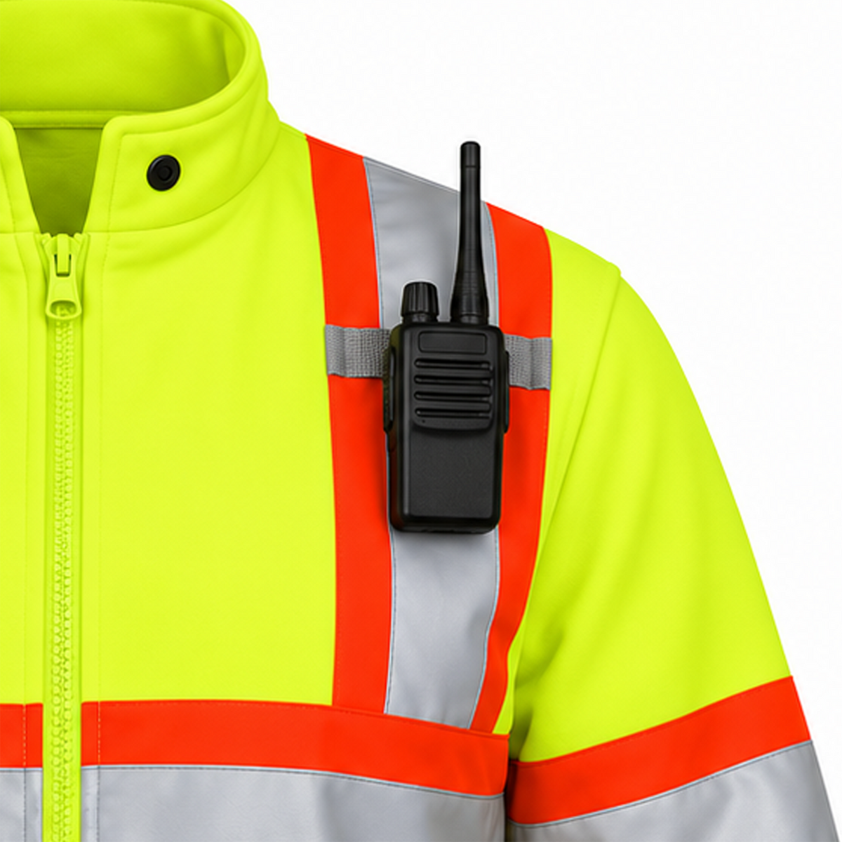 Jorestech high-visibility lime-yellow safety jacket utility feature, demonstrating the integration of a walkie-talkie radio mic clip on the orange-bordered silver reflective shoulder stripe.