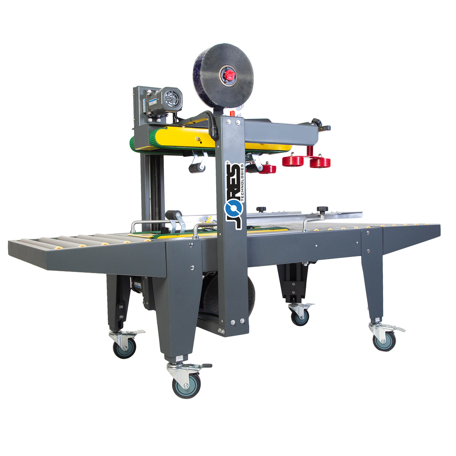 grey case sealer machine with yellow top and bottom traction bars with green bands and blue JORES TECHNOLOGIES® logo on the side