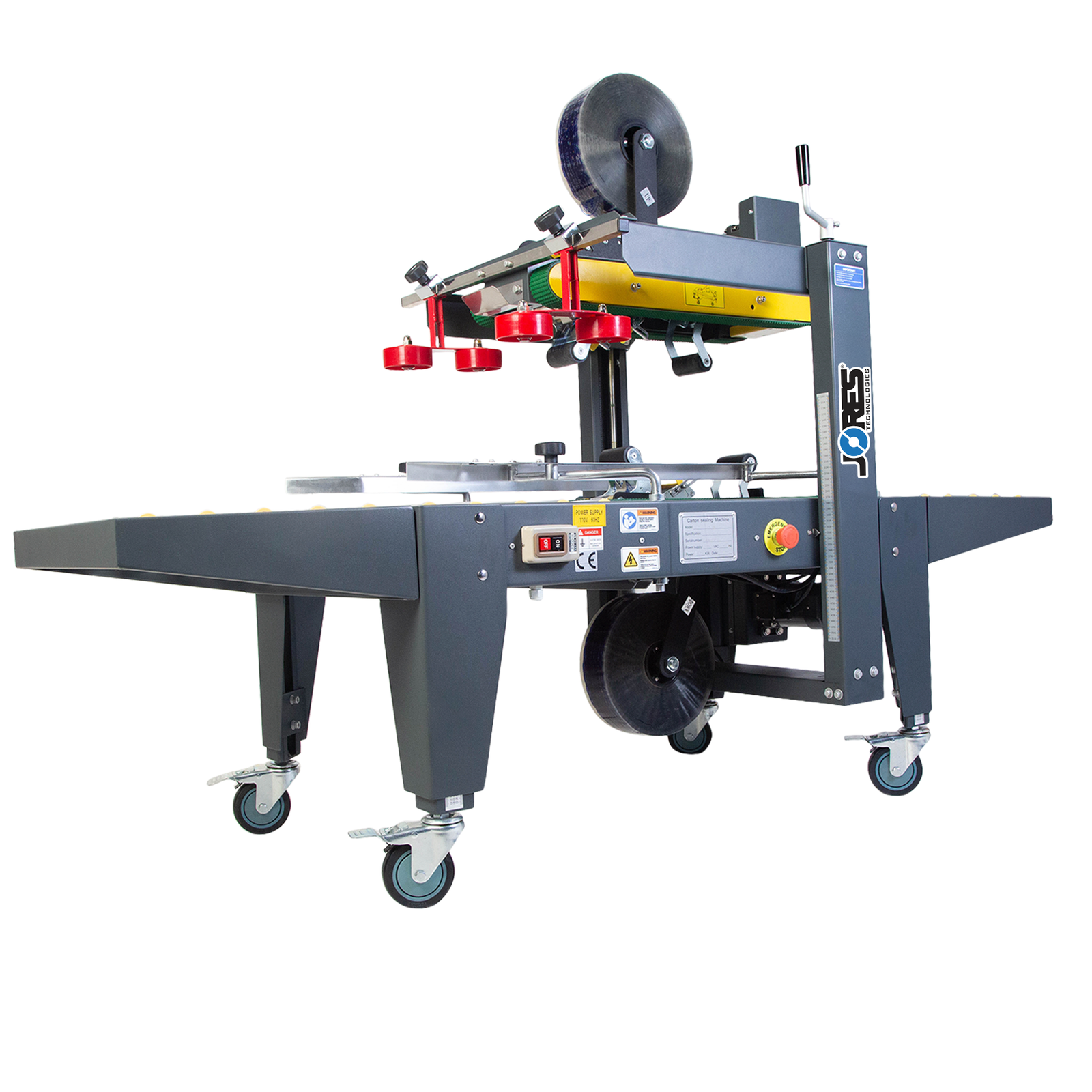 grey case sealer machine with yellow top and bottom traction bars with green bands and blue JORES TECHNOLOGIES® logo on the side