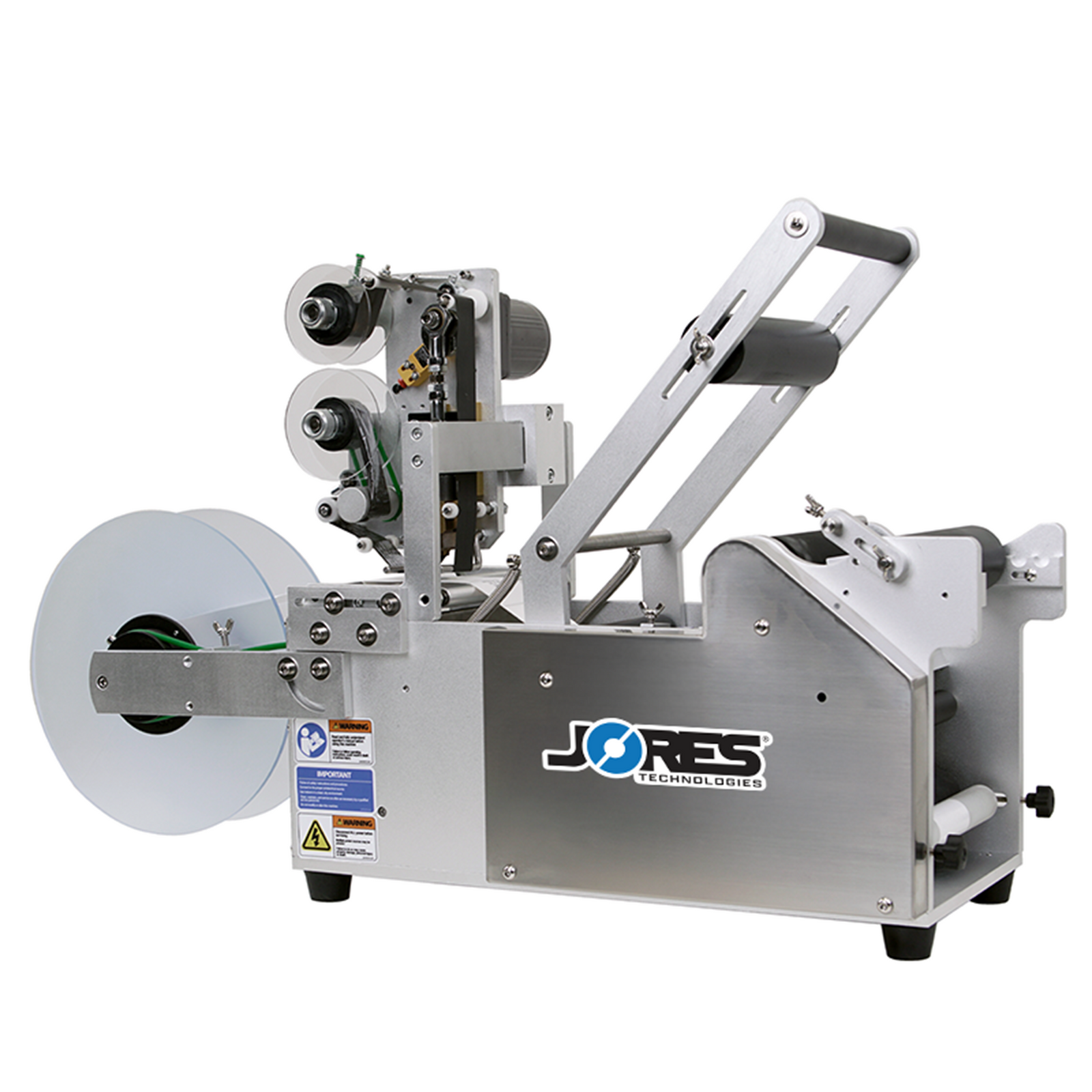 Semi-automatic label applicator for round bottles with integrated printer by JORES TECHNOLOGIES®