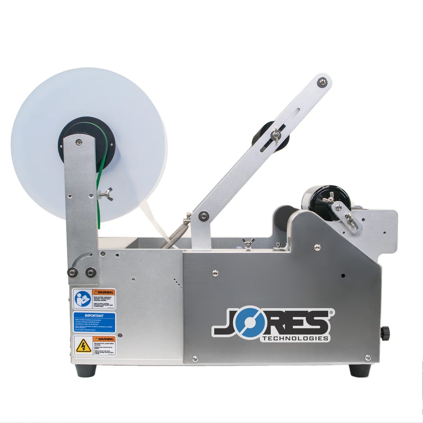 The semi automatic label applicator shown in a frontal view. A round container is placed on the application base