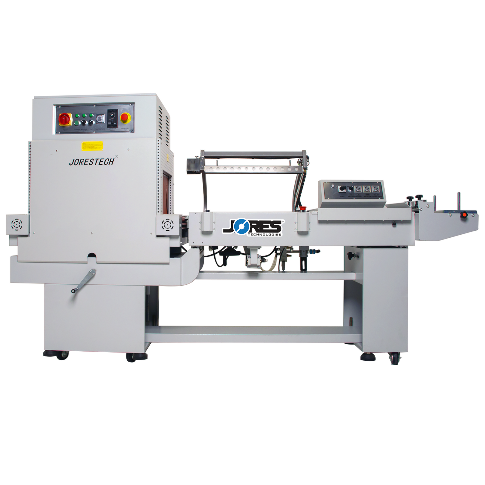 Complete semi automatic shrink packaging system over a white background