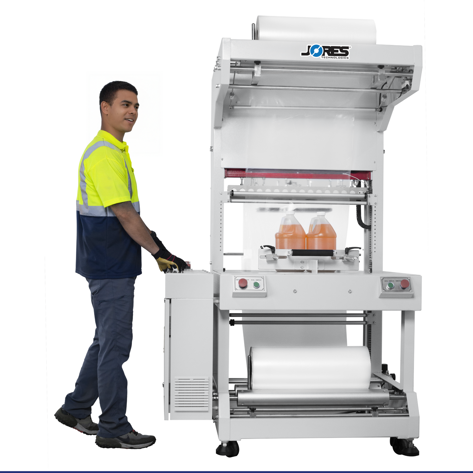 A man sealing a couple of jugs with the semi automatic sleeve film sealer