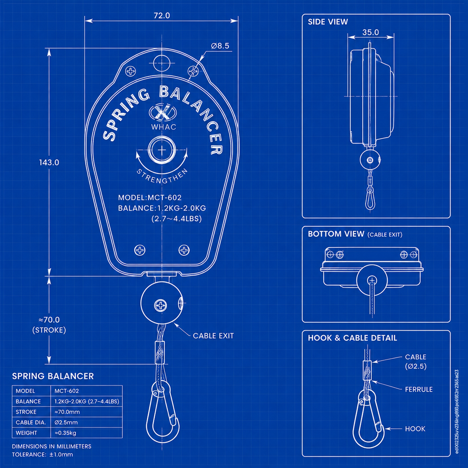 Spring Balancer MCT-602 1.2-2.0kg 1.2m Cable for E-CAP-STAND - Schematic