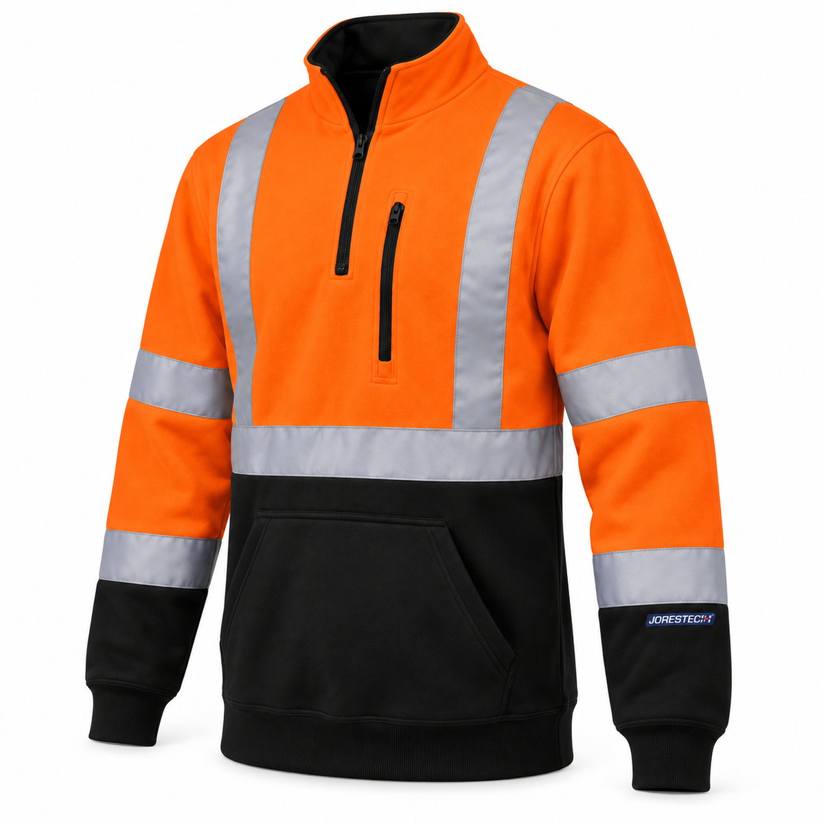 hi-vis safety sweater with reflective stripes, half a zipper, stand collar,  fleece inner layer and a zippered chest pocket