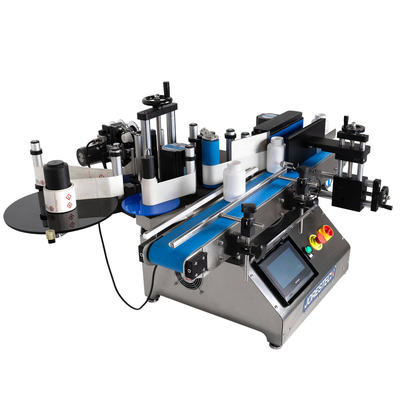 Label applicating machine with hot stamp coder for round containers by JORES TECHNOLOGIES®
