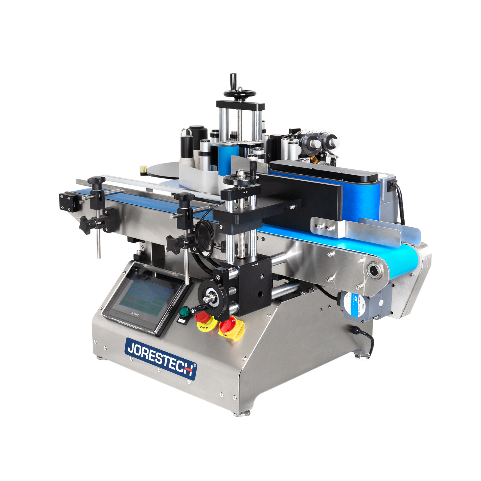 Table top automatic label applicator with conveyor and coder for round containers