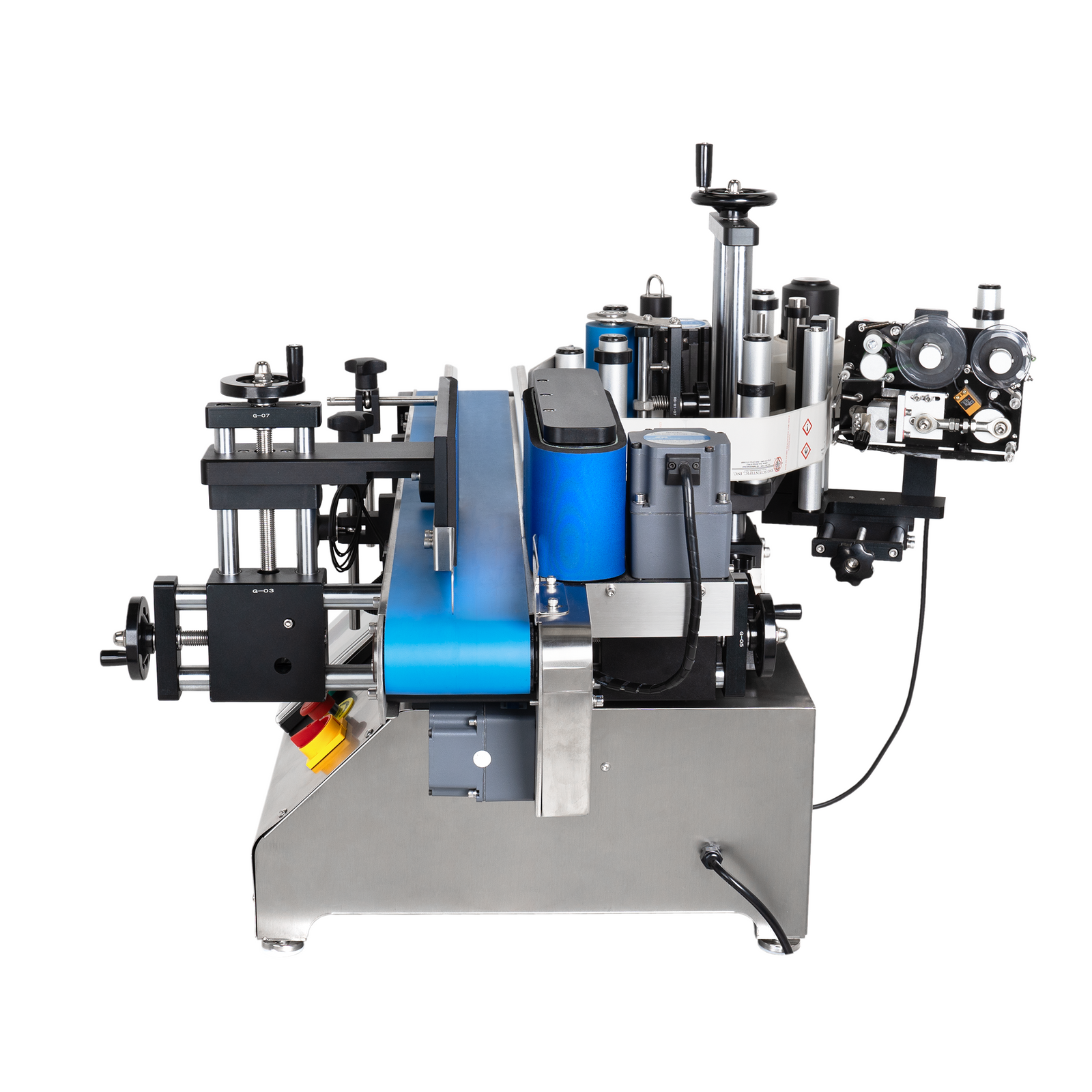Side view of the automatic labeler with conveyor and coder for round containers