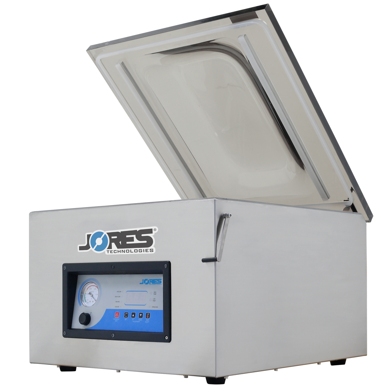 Side of the stainless steel JORES TECHNOLOGIES® tabletop commercial single chamber vacuum sealer with dual seal bar. Vacuum machine has the lid open