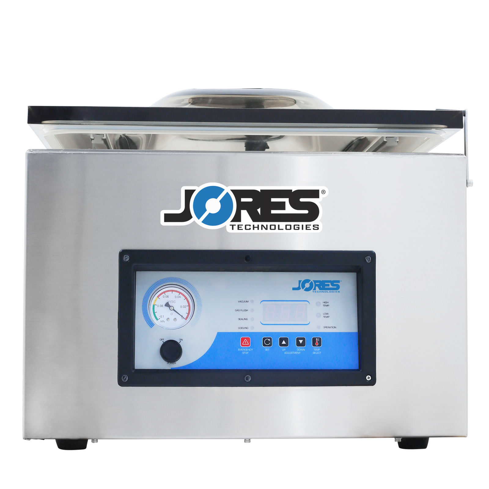 Front of the stainless steal JORES TECHNOLOGIES® tabletop commercial single chamber vacuum sealer with dual seal. The lid of the vacuum sealer is closed with the holding bracket