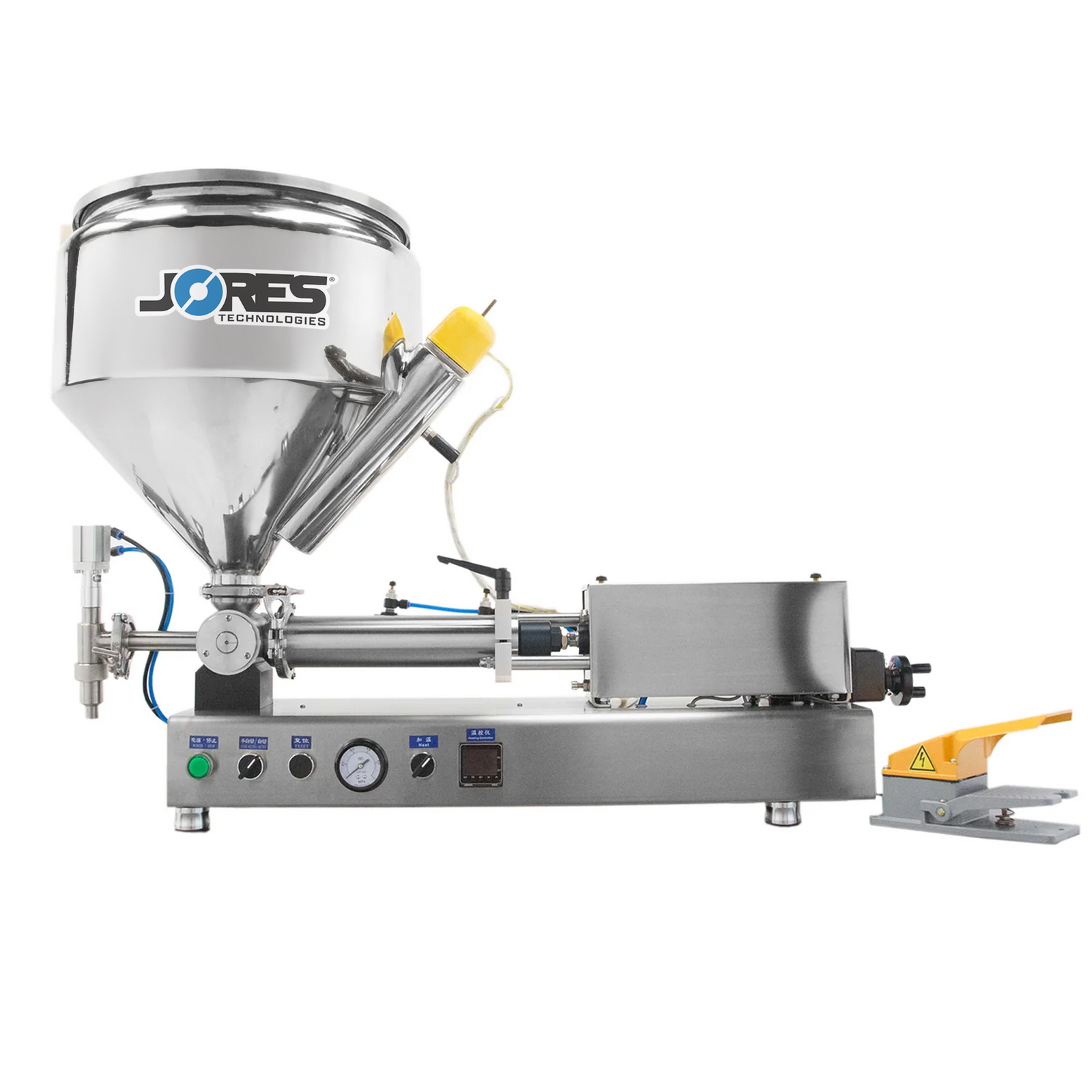 JORES TECHNOLOGIES® High Viscosity Heated Hopper Piston Filler with foot pedal and 316 SS