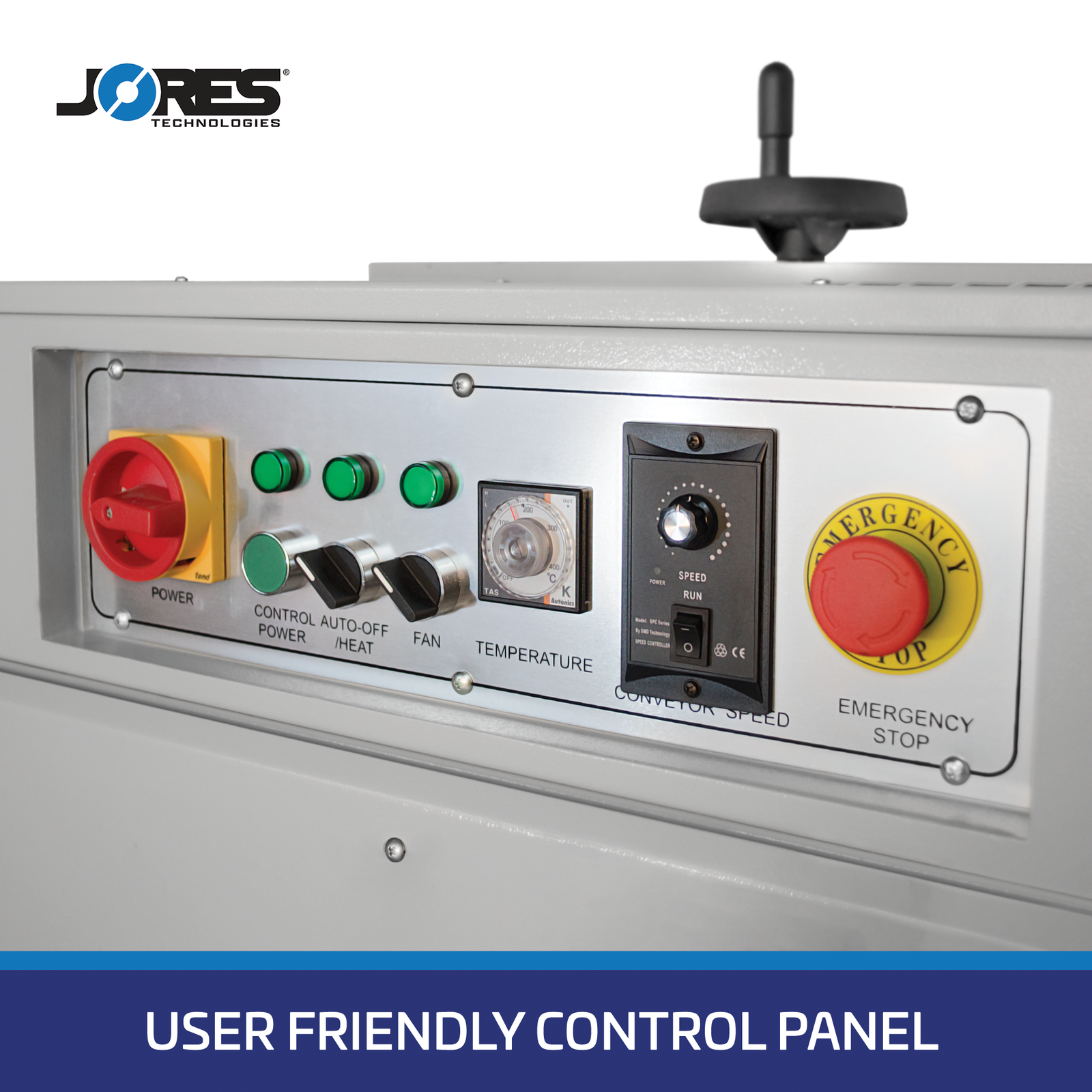 control panel of a banding shrink tunnel with a blue banner on the background and a white text that says: user friendly control panel