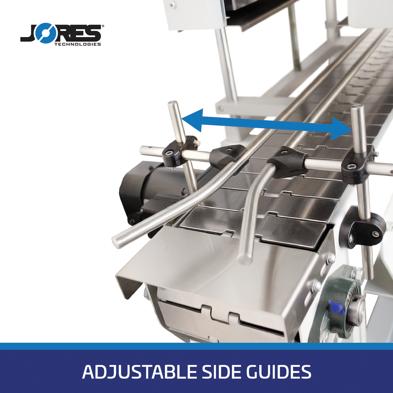 close up of the steel plated conveyor of a banding shrinking heat tunnel with red arrows between the guide bars of a tamper seal shrink tunnel.  A blue banner with text says: adjustable side guides