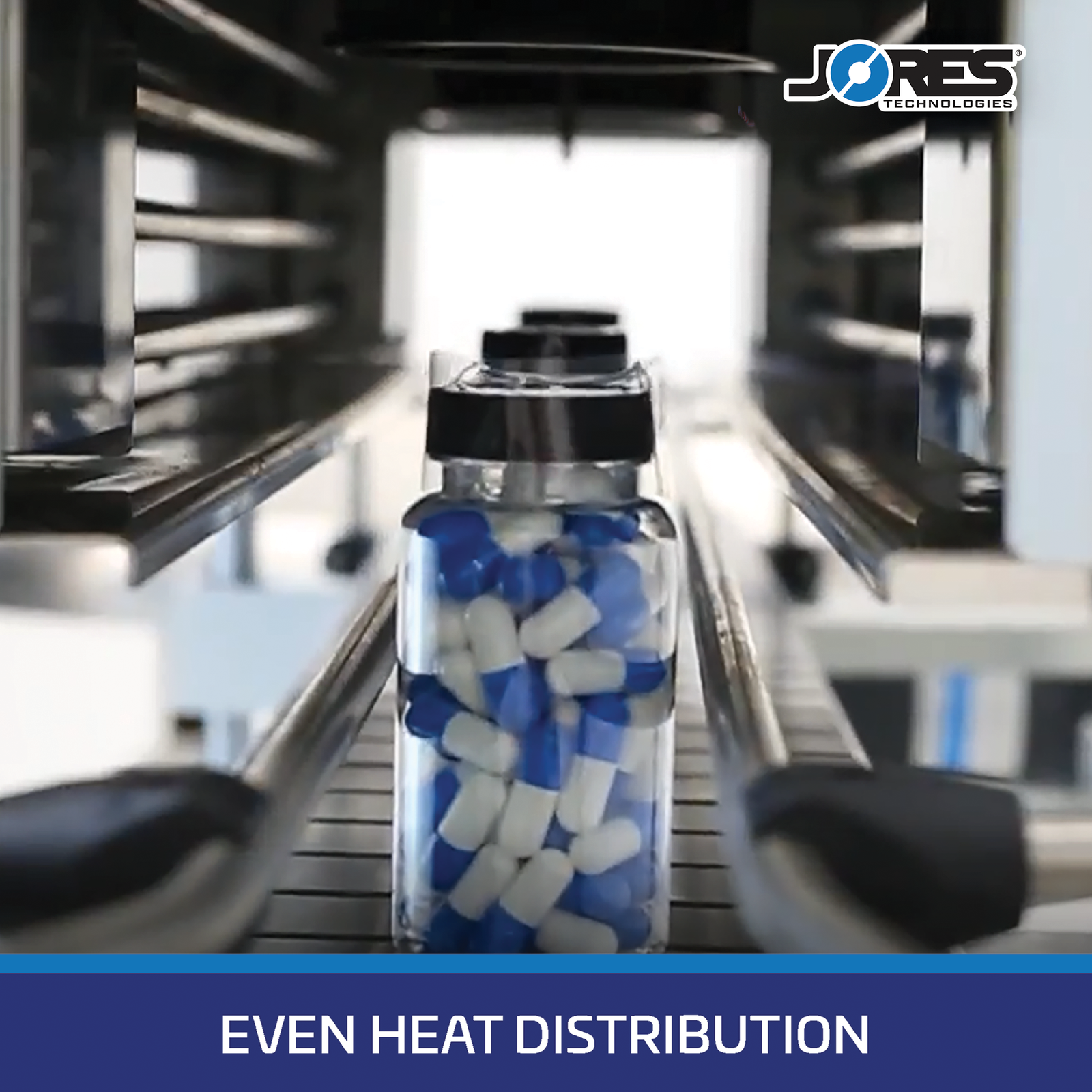 Several clear container filled with pills and wrapped with clear sleeve for protection are passing through the tamper band heat tunnel machine. Blue banner with white text on the bottom reads: even heat distribution