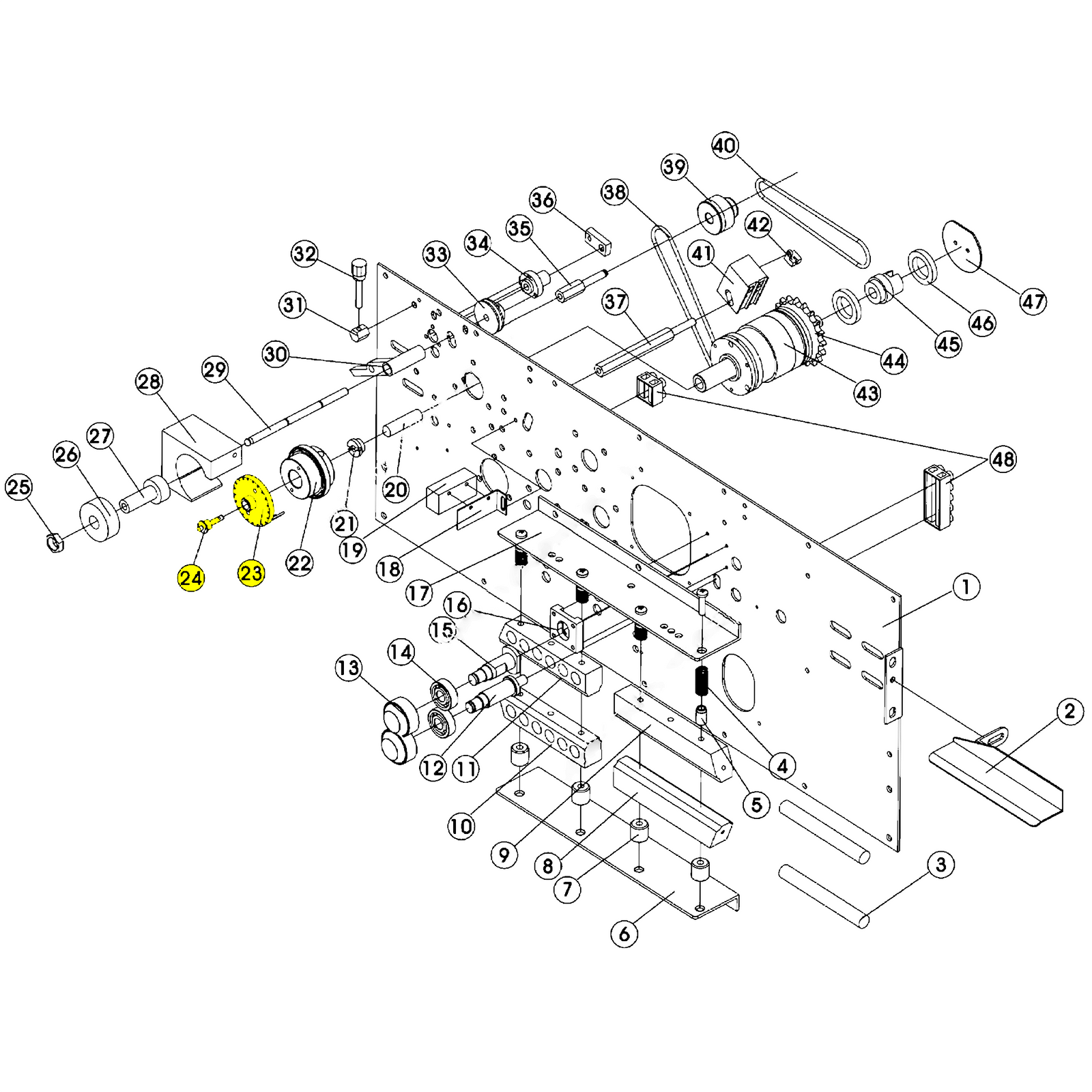 Diagram of a continuous band sealer and its components, with the pin wheel replacement part highlighted in yellow.