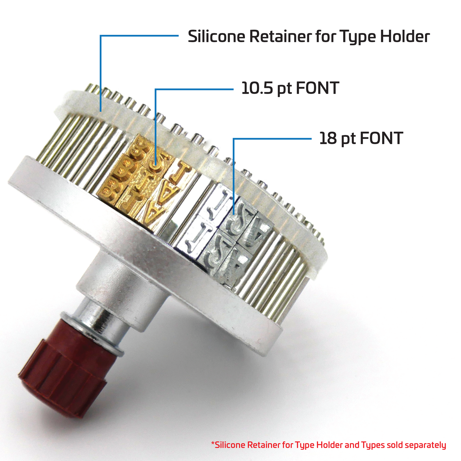 Type holder for hot ink roll coding replacement part for a continuous band sealer machine. The part is shown holding types of two different font sizes (10.5 pt and 18 pt font). A white silicone retainer holds types in place. Disclaimer\ reads Silicone retainer for type holder and types sold separately. 