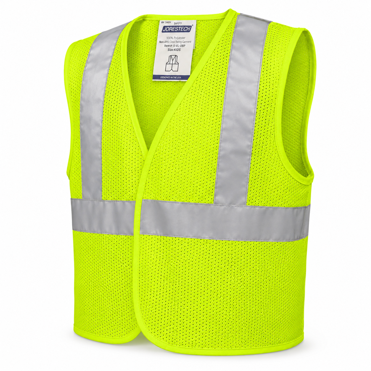 Children's lime safety vest with reflective strips.