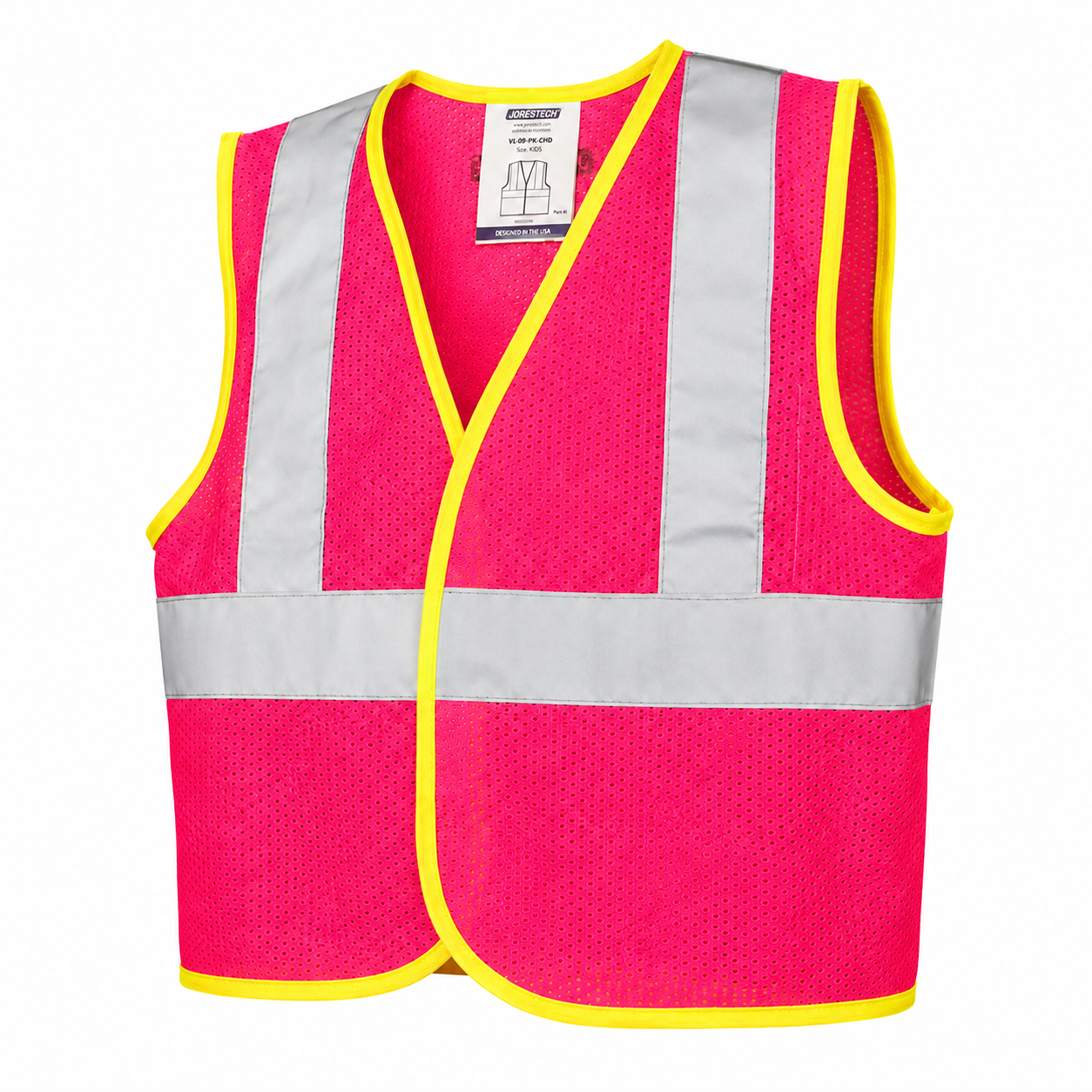 Pink safety vest with yellow outlines with reflective strips.