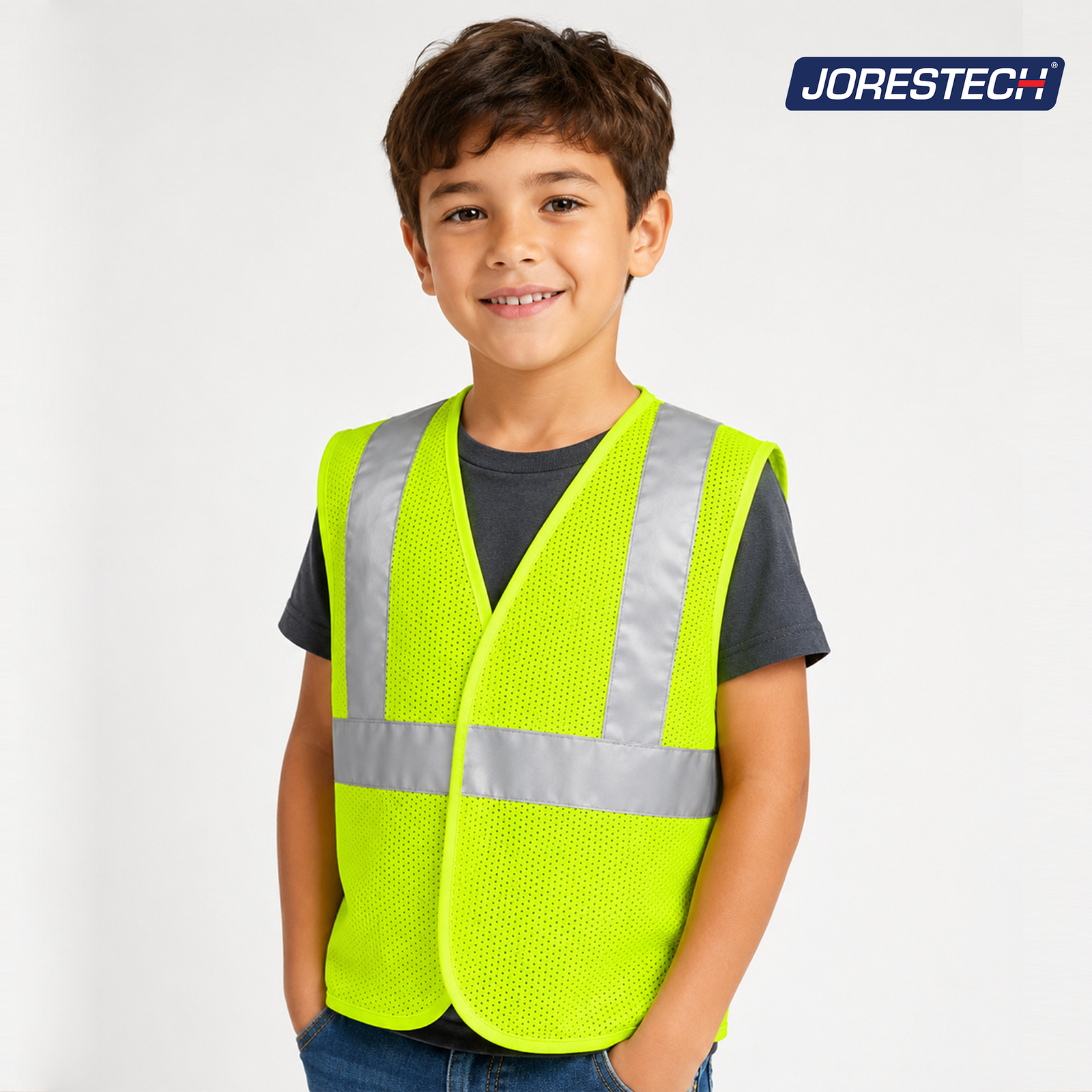 Kid wearing a lime high visibility JORESTECH safety vest over his clothes