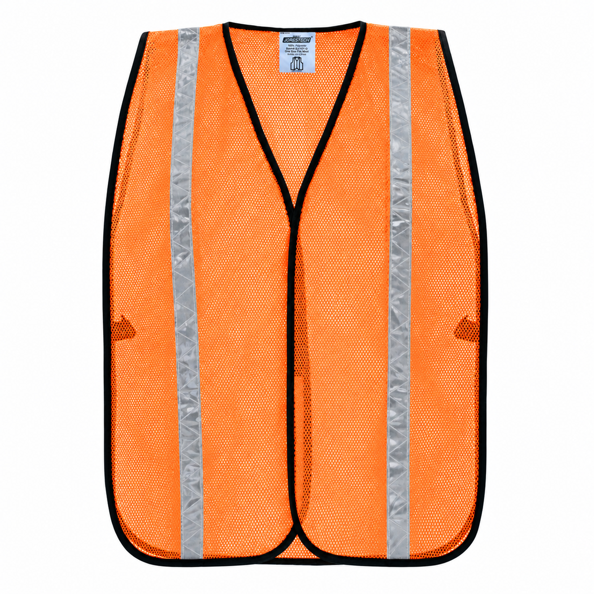 Front flat-lay view of a fluorescent high-visibility orange JORESTECH mesh safety vest with vertical silver reflective safety stripes.