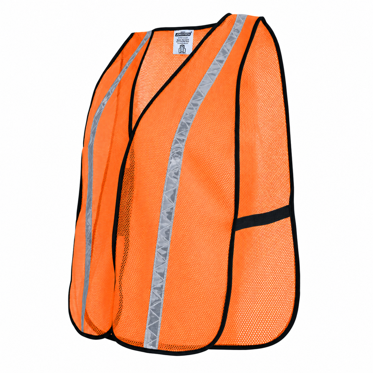 Three-quarter side profile view of a JORESTECH fluorescent high-visibility orange mesh safety vest with black elastic side bands.