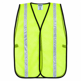 JORESTECH high-visibility reflective safety mesh vest in fluorescent lime-yellow, featuring ANSI-compliant 2-inch silver reflective tape, lightweight open-mesh polyester fabric, a secure hook-and-loop front closure, and protective black reinforced edging.