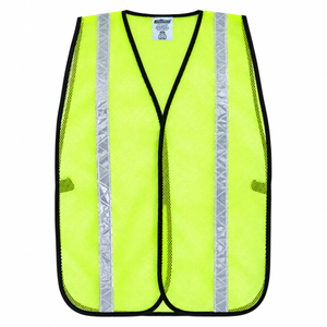JORESTECH high-visibility reflective safety mesh vest in fluorescent lime-yellow, featuring ANSI-compliant 2-inch silver reflective tape, lightweight open-mesh polyester fabric, a secure hook-and-loop front closure, and protective black reinforced edging.