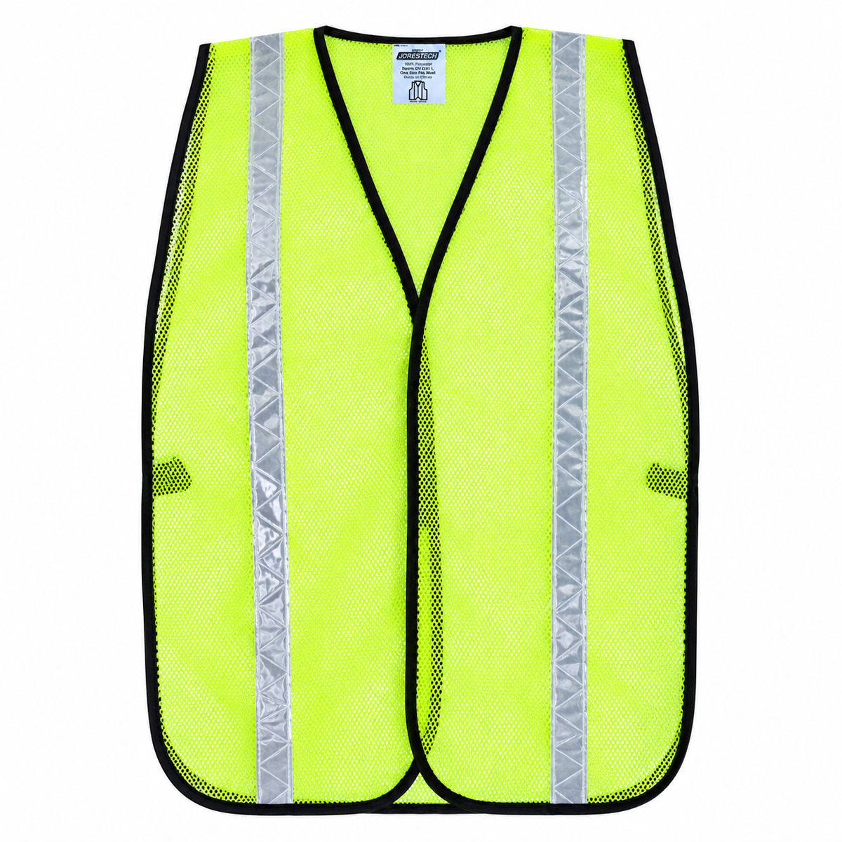 JORESTECH high-visibility reflective safety mesh vest in fluorescent lime-yellow, featuring ANSI-compliant 2-inch silver reflective tape, lightweight open-mesh polyester fabric, a secure hook-and-loop front closure, and protective black reinforced edging.